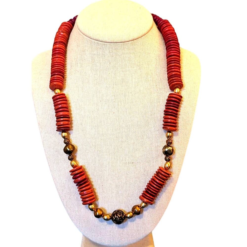 Vintage Tribal Red Coco Wood Gold Tone Rose Bead Hook Closure Necklace